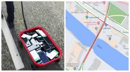 Немецкий художник создал несуществующий затор в Google Maps с помощью тележки со смартфонами